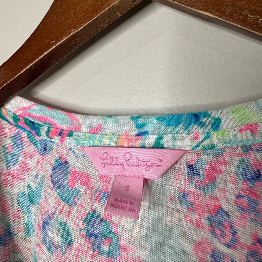 Lilly Pulitzer Inara 100% Linen Short Sleeve Top Floral Leaves Serene Blue Sz S - Picture 4 of 9